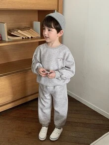 Dazy Kids Young Boy Gray Floral Embroidered Sweatshirt & Sweatpants Set Fall - Light Grey - View 5