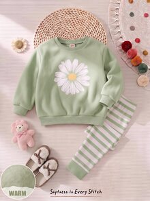 Cozy Pixies 女童休閒日常外出可愛趣味雛菊圓領長袖衛衣＋修身長褲內搭褲套裝，適合外出度假針織套裝 - 薄荷綠 - 查看 3