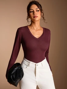 SHEIN BASICS 女款純色修身百搭日常長袖T恤 - 酒紅色 - 查看 5