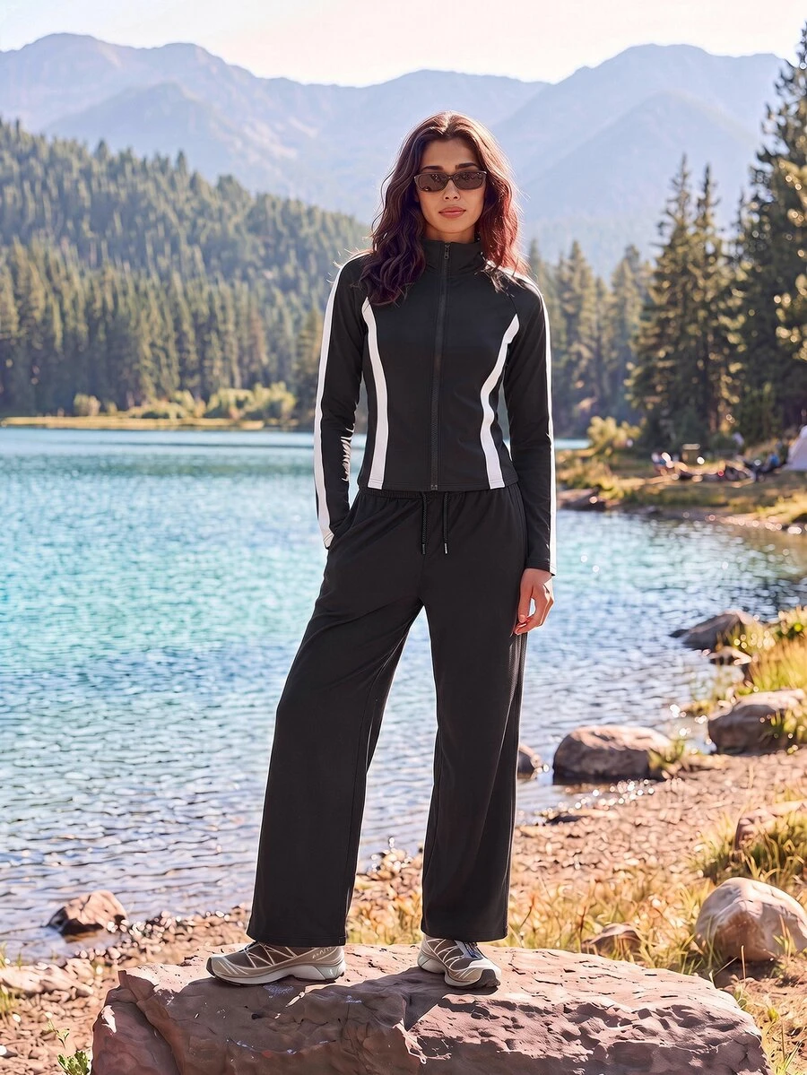 Exploreva Women's Colorblock Zipper Long Sleeve Top And Pants Casual Daily Sports Set - Black - View 1