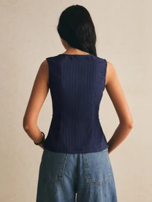 Poéselle Women's Striped Zipper Front Casual Blazer Vest - Navy Blue - View 8