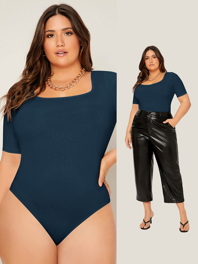 SHEIN BASICS Plus Solid Scoop Neck Bodysuit Summer Outfit For Women