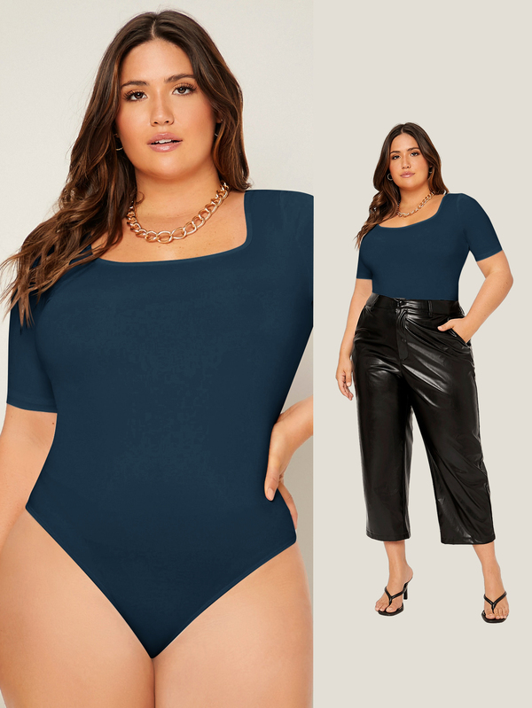 SHEIN BASICS Plus Solid Scoop Neck Bodysuit Summer Outfit For Women