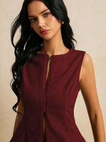 Poéselle 女款千鳥格前拉鍊休閒背心西裝外套 - 紅色 - 查看 2