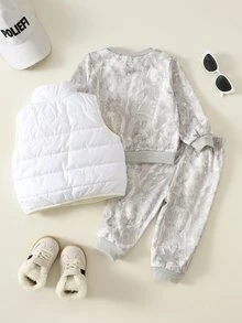SHEIN 中性嬰兒男/女童、幼兒 3 件組秋冬保暖內裡加厚時尚灰色迷彩衛衣套裝與背心填充外套套裝，嬰兒冬季服飾，街頭風 - 灰色 - 查看 2