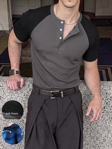 ESTAVOR 男士夏季休閒修身圓領短袖純灰色T恤 - 黑色 - 查看 2