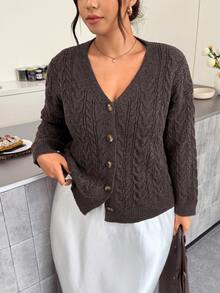 Firerie Maillard Coffee Color V-Neck Cable Knit Loose Lazy Long Sleeve Vintage Sweater Cardigan Winter - Brown - View 7