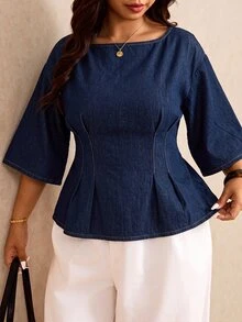 SHEIN MOD Plus Size Women Boat Neck 3/4 Sleeve Cinched Waist Denim Top - Dark Wash - View 6