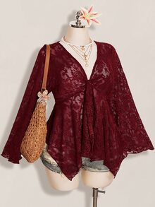 SHEIN ICON 大尺碼前綁帶 V 領不對稱下擺喇叭袖針織提花上衣，仙女風復古 Y2K 秋季上衣 - 酒紅色 - 查看 1