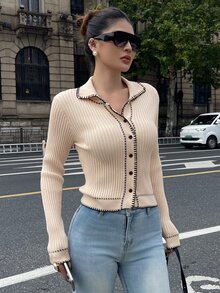 Livesso Women's Autumn Casual French Elegant Colorblock Trim Cardigan Work Brunch Black And White - Apricot - View 3