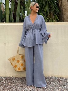 DAZY 女款純色對比蕾絲長袖晨袍與寬腿褲休閒兩件套 - 藍色 - 查看 6