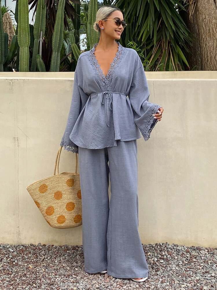 DAZY Women's Solid Color Contrast Lace Long Sleeve Robe And Wide Leg Pants Casual 2 Pieces Set - Blue - View 6