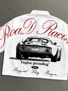 StoneGrade American Vintage Racing Car Silhouette Cursive English Typography Fashion Print Men's White Standard Size Cropped Drop Shoulder Loose Fit Short Sleeve Shirt - White - View 3