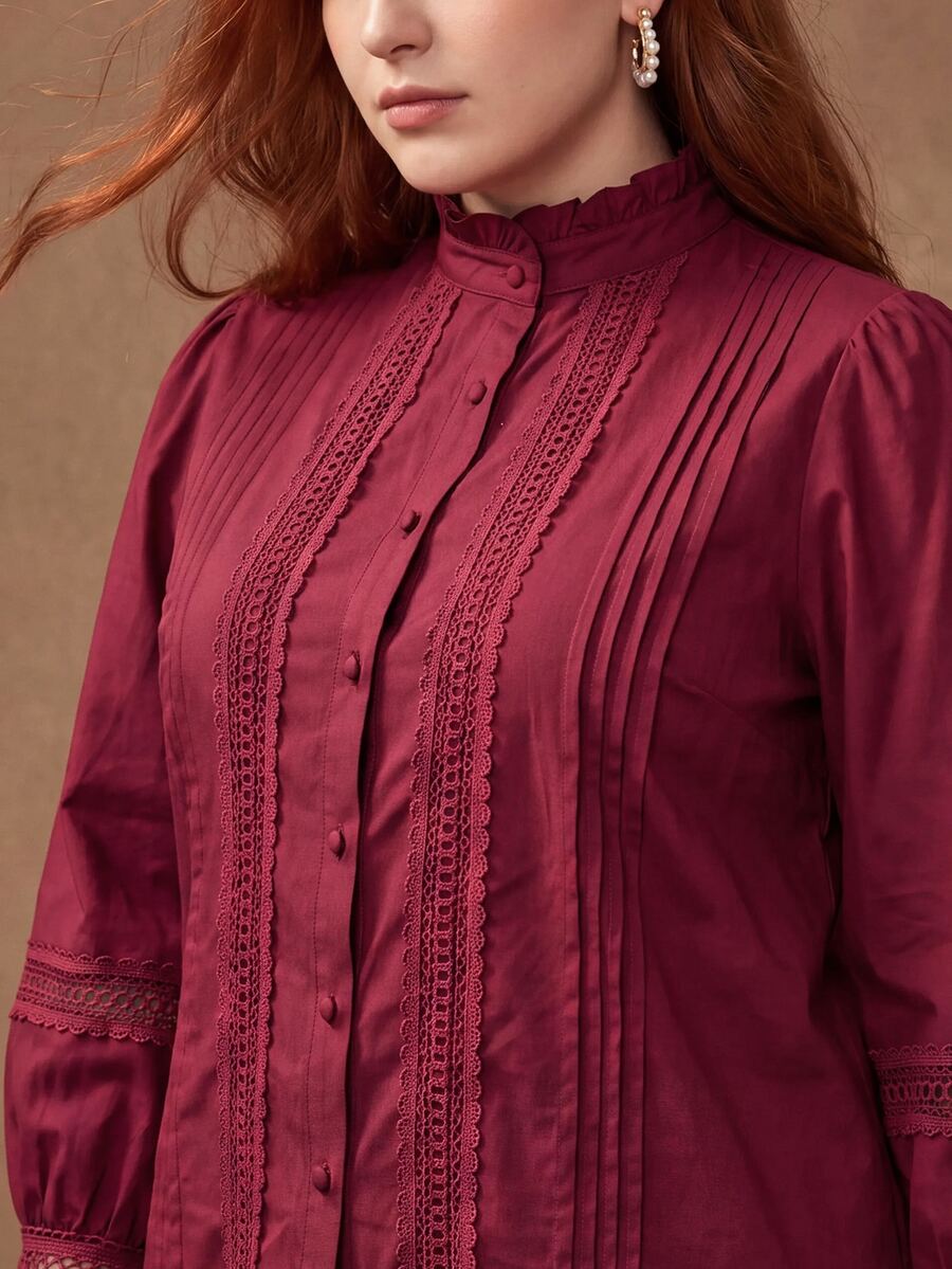 MOTF PREMIUM PLUS SIZE WOMEN'S FRILL TRIM STAND COLLAR CONTRAST LACE BLOUSE FALL - Burgundy - View 2