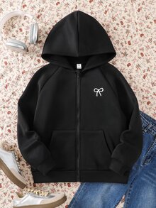 SHEIN 青少年女孩蝴蝶結刺繡圖案拉鍊連帽衛衣 - 黑色 - 查看 4