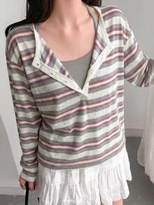 DAZY Women's Korean Style Button Half-Placket Striped Colorblock T-Shirt Fall - Burgundy - View 6