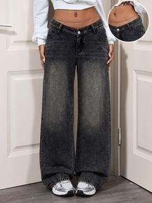 SHEIN Tall Women's Casual Versatile Straight Leg Denim Jeans With Pockets And Buttons For Daily Wear - Black - View 5