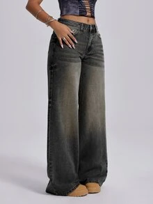 INAWLY Women's Casual Washed Straight Leg Jeans - Black - View 4