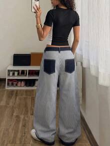 SHEIN Women's Casual Striped Curved Leg Jeans - Blue - View 3