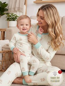 Baby Boys Spring/Autumn Cartoon Bear Print Random All-Over Print Crew Neck Long Sleeve Top And Elastic Waist Long Pants Snug Fit Loungewear - Multicolor - View 7