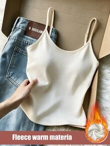 SHEIN Thermal Lined Thick Strap Camisole Tank Top Women Autumn Winter Fuzzy Slim Fit Cropped Inner Layer Base Top - Apricot - View 3