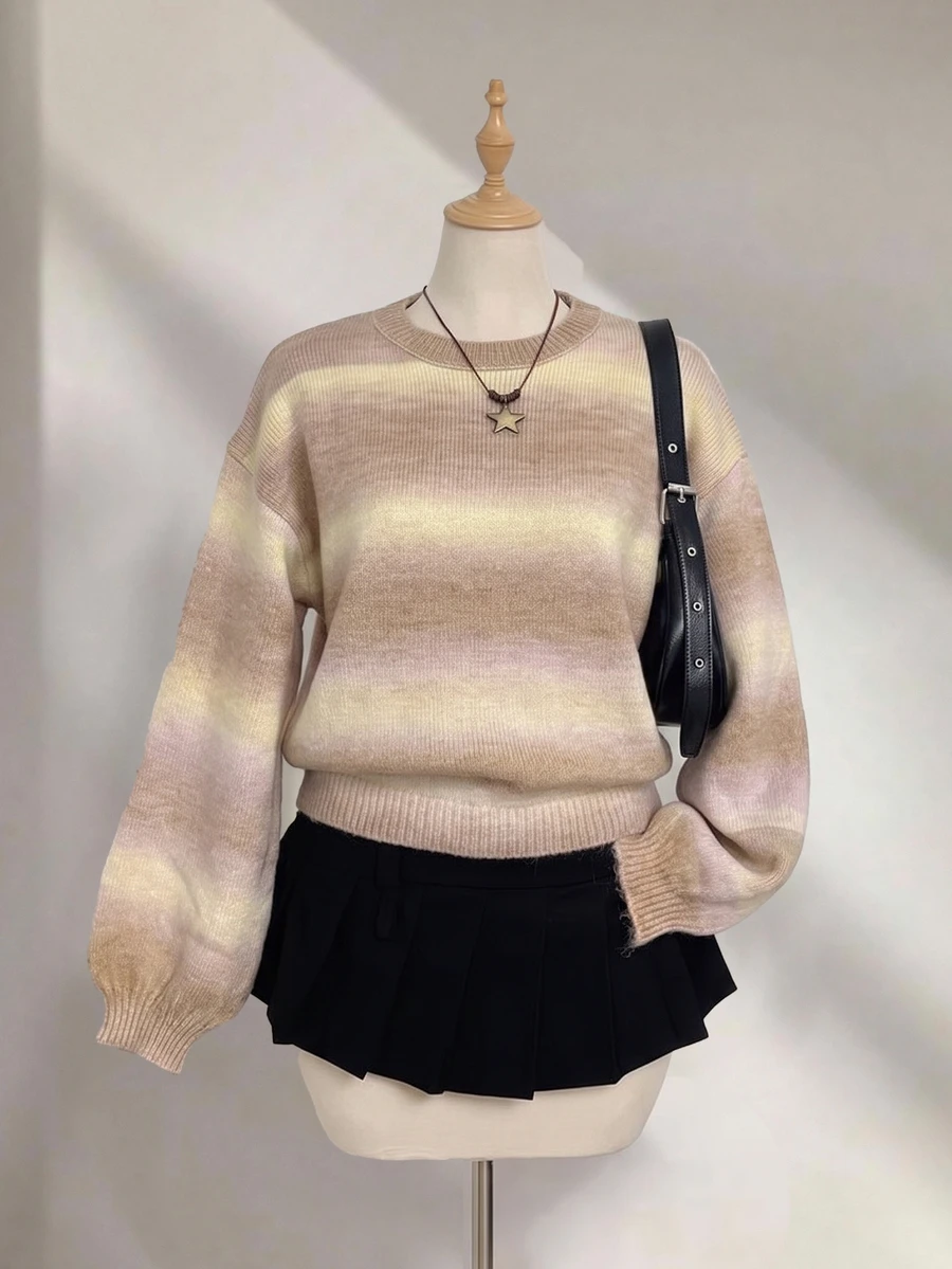 Flirla Sweater Lengan Panjang Wanita Motif Blok Warna Kasual Serbaguna untuk Pemakaian Sehari-hari, Cocok untuk Sekolah, Warna Beige, dan Cocok untuk Musim Gugur. - MultiWarna - View 1