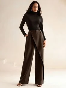 Anewsta Essential Women's New Professional Commute Minimalist Versatile Design Asymmetrical Patchwork High Waist Drape Straight Leg Pants - Mocha Brown - View 2