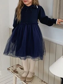 DAZY Girls' Turn Collar Knit Dress With Mesh Patchwork A-Line Waist, Cute Autumn/Winter Sweater Dress - Navy Blue - View 7