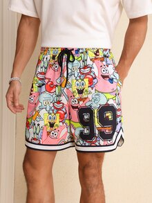 SpongeBob SquarePants | SHEIN Men's Summer Casual Cartoon Print Shorts - White - View 1