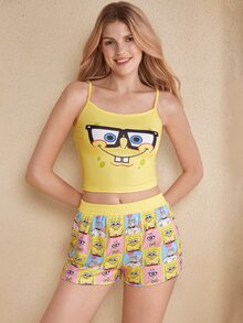 SpongeBob SquarePants | SHEIN طقم بيجامة نسائي بطبعة كرتونية كاميسول وشورت - أصفر - مشاهدة 3