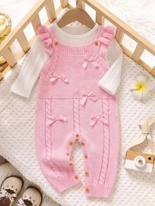 SHEIN 女嬰荷葉邊連身褲、連身褲、時尚甜美套裝、女嬰針織連身褲、女嬰針織套裝、粉色女嬰連身褲、女嬰毛衣連身褲、女嬰吊帶褲、秋季女嬰服飾、冬季女嬰服飾、秋季服飾、冬季服飾、女嬰秋季毛衣服飾 - 粉色 - 查看 4