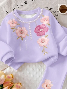 2件組女嬰可愛3D刺繡大花珍珠印花休閒簡約紫色圓領衛衣與修身喇叭褲套裝，秋冬春夏，戶外可愛女嬰服飾，韓系，返校季 - 彩色 - 查看 4