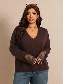 Elaquor Plus Size Women Solid Color V-Neck Drop Shoulder Long Sleeve Loose Pullover Sweater - Brown - View 6