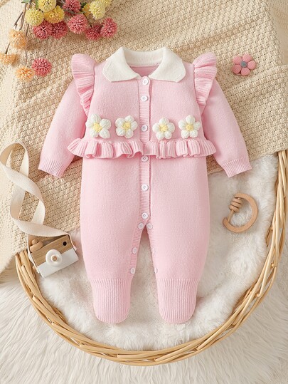 SHEIN Elladie kids Baby Girls Sweater Onesies, Infant Baby Knit Long Sleeve Sweater Romper With Collar, Footed Pants, Comfortable For Autumn/Winter, Middle Button Closure, Daily Wear, Ruffle Hem, Handmade Flower, Elegant, Fashionable, Lady-Like, Cute, Suitable For Daily, Outings, Travel