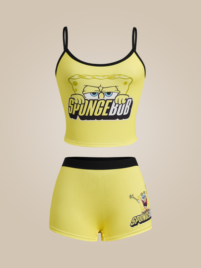 SpongeBob SquarePants | SHEIN Women's Letter Cartoon Print Camisole And Hipster Panty Lingerie Set