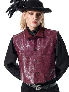 ROMWE MEN Casual Men's Solid Color PU Leather Fashion Versatile Suit Vest - Burgundy - View 8