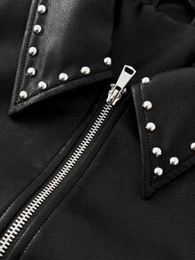 Jeanoix Women Studded Collar Faux Leather Moto Jacket - Black - View 6