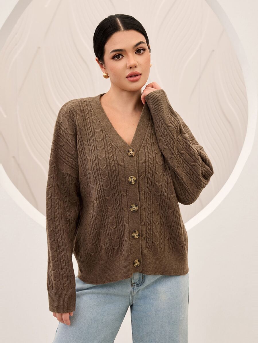 Graceveil Women's Cable Knit Versatile Elegant Autumn/Winter Cardigan - Brown - View 1