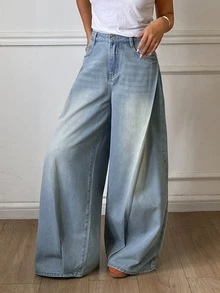 DAZY Distressed Washed Faded Loose Wide Leg Casual Streetwear Vacation Autumn Winter Long Pants Women's Jeans - Blue - View 7