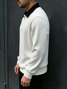 Manfinity Dauomo Men's Contrast Color Lapel Zipper Design Long Sleeve Business Casual T-Shirt - White - View 6