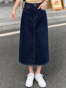 DAZY 女款休閒牛仔裙，附口袋與鈕扣，適合日常穿著，秋季款 - 深色水洗藍 - 查看 7