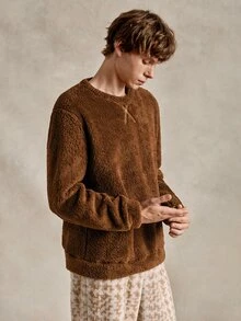 EverLounge Men's Autumn/Winter Minimalist Basic Fashion Comfortable British Style Brown Double-Sided Fleece Loungewear Top - Brown - View 4