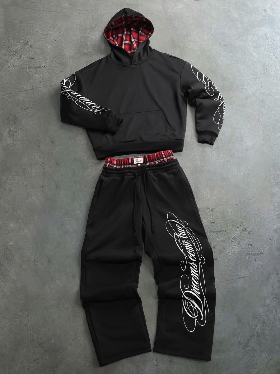 PAVTROS Men's Letter Print Hoodie & Sweatpants Set - Black - View 1