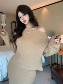DAZY Women's Elegant 2 Pieces Sweater And Long Skirt Set - Khaki - View 4