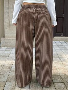 Flexra Plus Size Women's Striped Wide Leg Loose Casual 1960s Denim Jeans With Pockets Formal Vacation Brown Winter - Rust Brown - View 3
