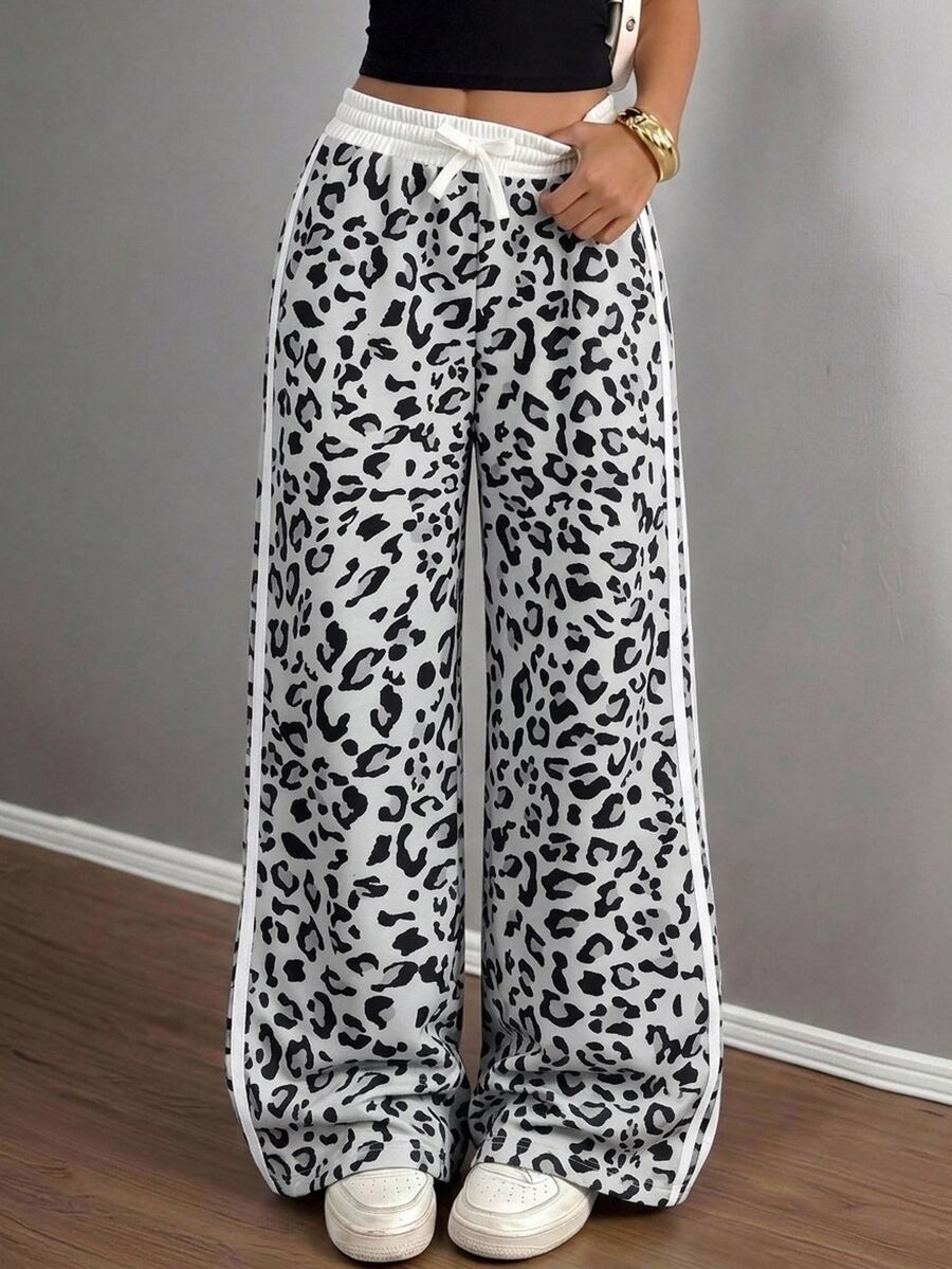 SHEIN Tween Girl Loose Leopard Print Elastic Waist Wide Leg Sweatpants, Casual Versatile Wide Leg Pants - Multicolor - View 1