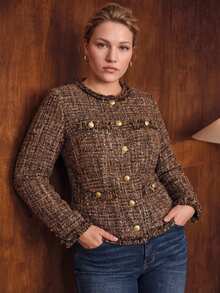 MOTF PREMIUM WOMEN'S PLUS SIZE ELEGANT CINCHED WAIST FRAYED HEM WINTER COAT - Brown - View 6