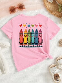 Elladie kids 女童返校季穿搭，可愛卡通彩色蠟筆愛心圖案印花基礎短袖T恤，舒適四季日常穿著粉色上衣 - 粉色 - 查看 3