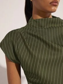 COSMINA 女款條紋立領蝙蝠袖短袖百褶襯衫 - 軍綠色 - 查看 6