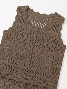 SHEIN Franclia 女款秋季極簡波希米亞度假風海灘色拼接波浪領鏤空細肩帶修身顯瘦對比色針織背心毛衣兩件套 - 摩卡棕 - 查看 5